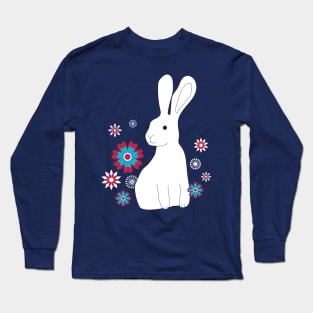 Rabbits with Chinese flowers - Lunar New Year - white on red - by Cecca Designs Long Sleeve T-Shirt